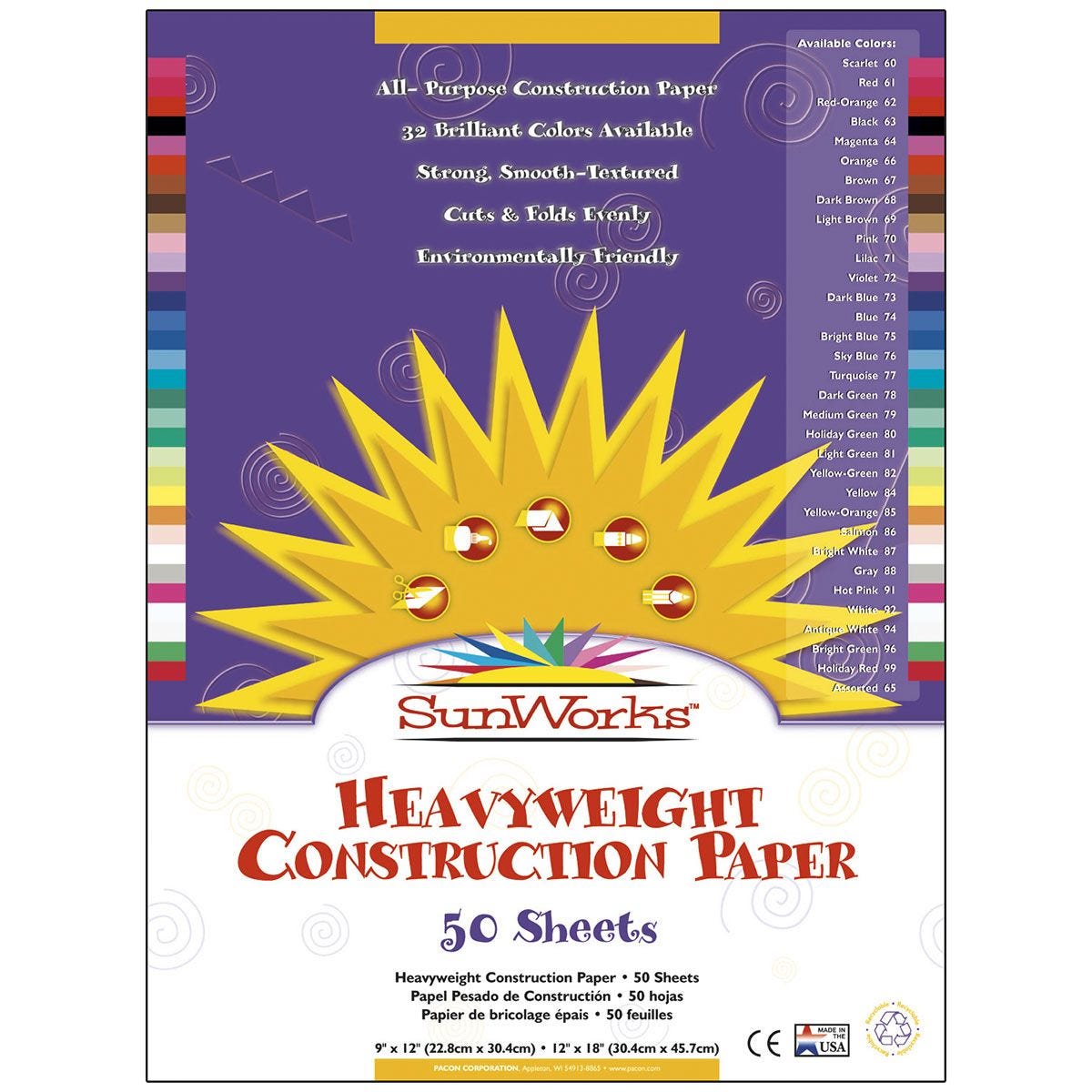 SunWorks Construction Paper, 50 lb Text Weight, 12 x 18, Black, 50